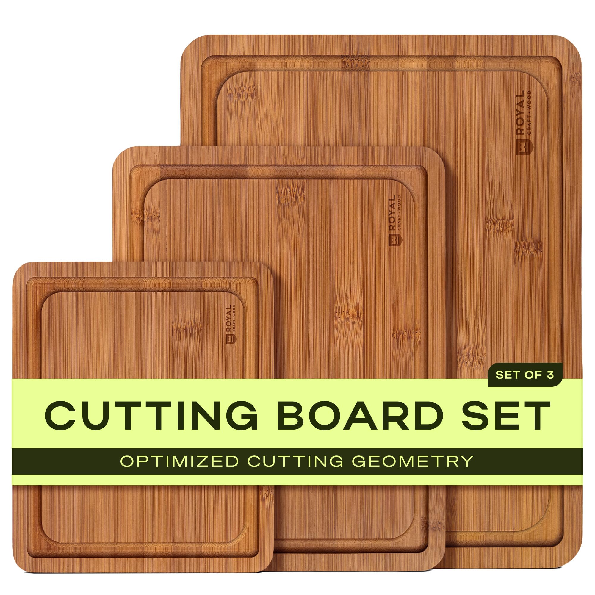 ROYAL CRAFT WOOD Wooden Cutting Boards for Kitchen Meal Prep & Serving - Bamboo Wood Serving Board Set with Deep Juice Groove Side Handles - Charcuterie & Chopping Butcher Block for Meat