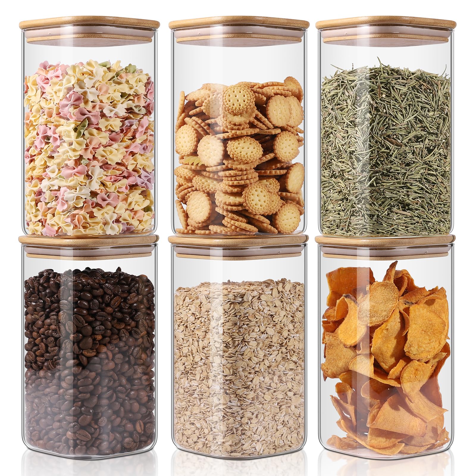 YUNCANG Glass Storage Jars 6 Pack 37oz Clear Glass Food Storage Containers with Airtight Bamboo Lid Stackable Kitchen Canisters for Candy,Cookie,Rice,Sugar,Flour,Pasta,Nuts and Spice Jars(Square)