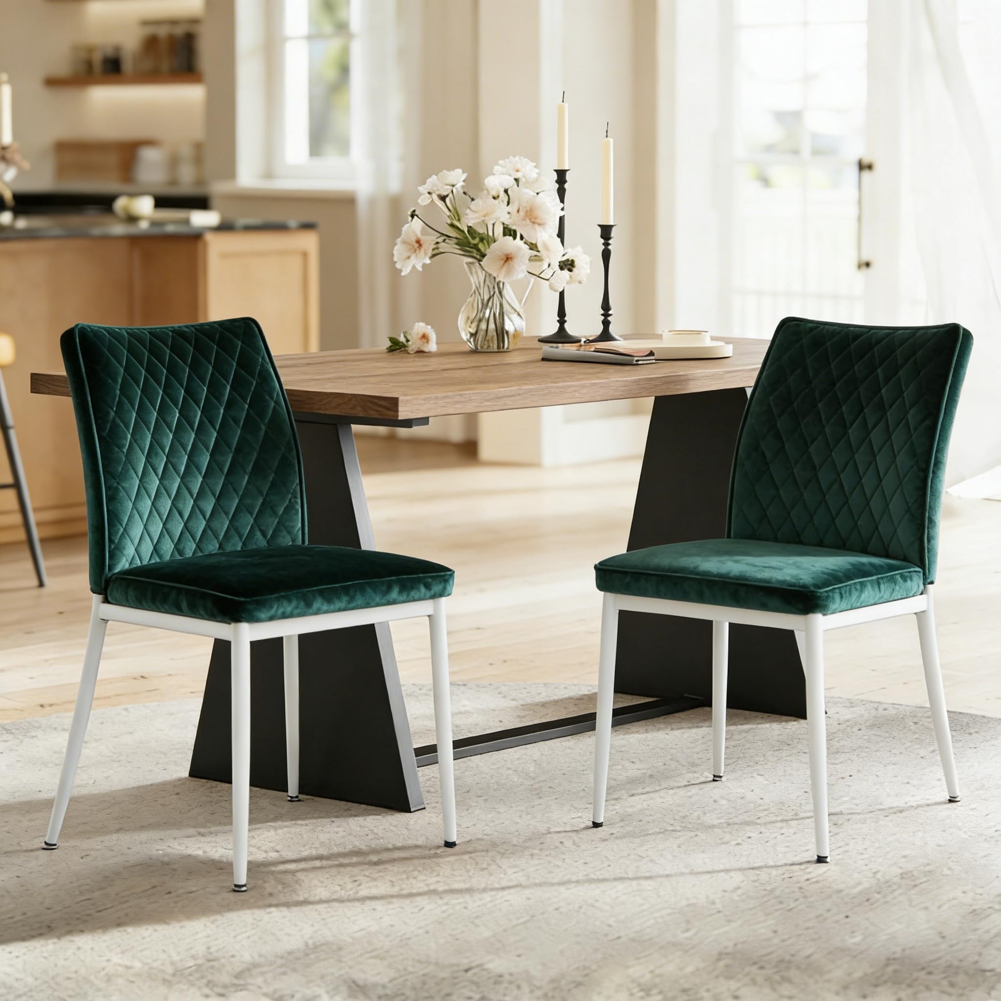 Dining Chairs Set of 2, Velvet Comfortable Seats, Mid-Century Modern Living Room Chairs, Upholstered Kitchen Chairs with Wooden Legs and Padded Seat for Bedroom Office Easy Assembly, Beige