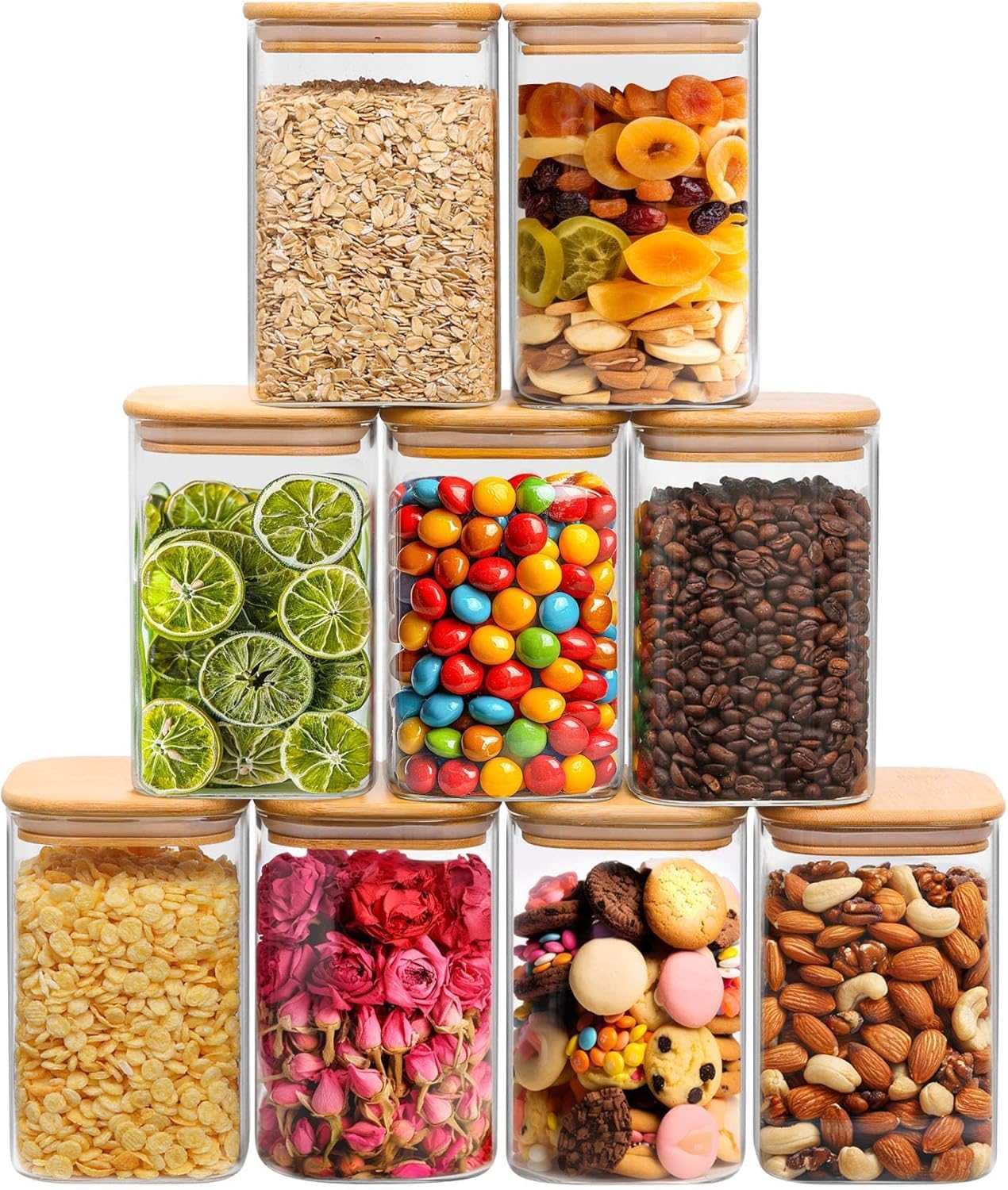 ComSaf Airtight Glass Storage Canister with Lids (0.7Qt/1.2Qt/1.6Qt) Set of 6, Food Storage Container Kitchen Pantry Storage Jar, Glass Jars for Flour Cereal Sugar Tea Coffee Beans Snacks, Square