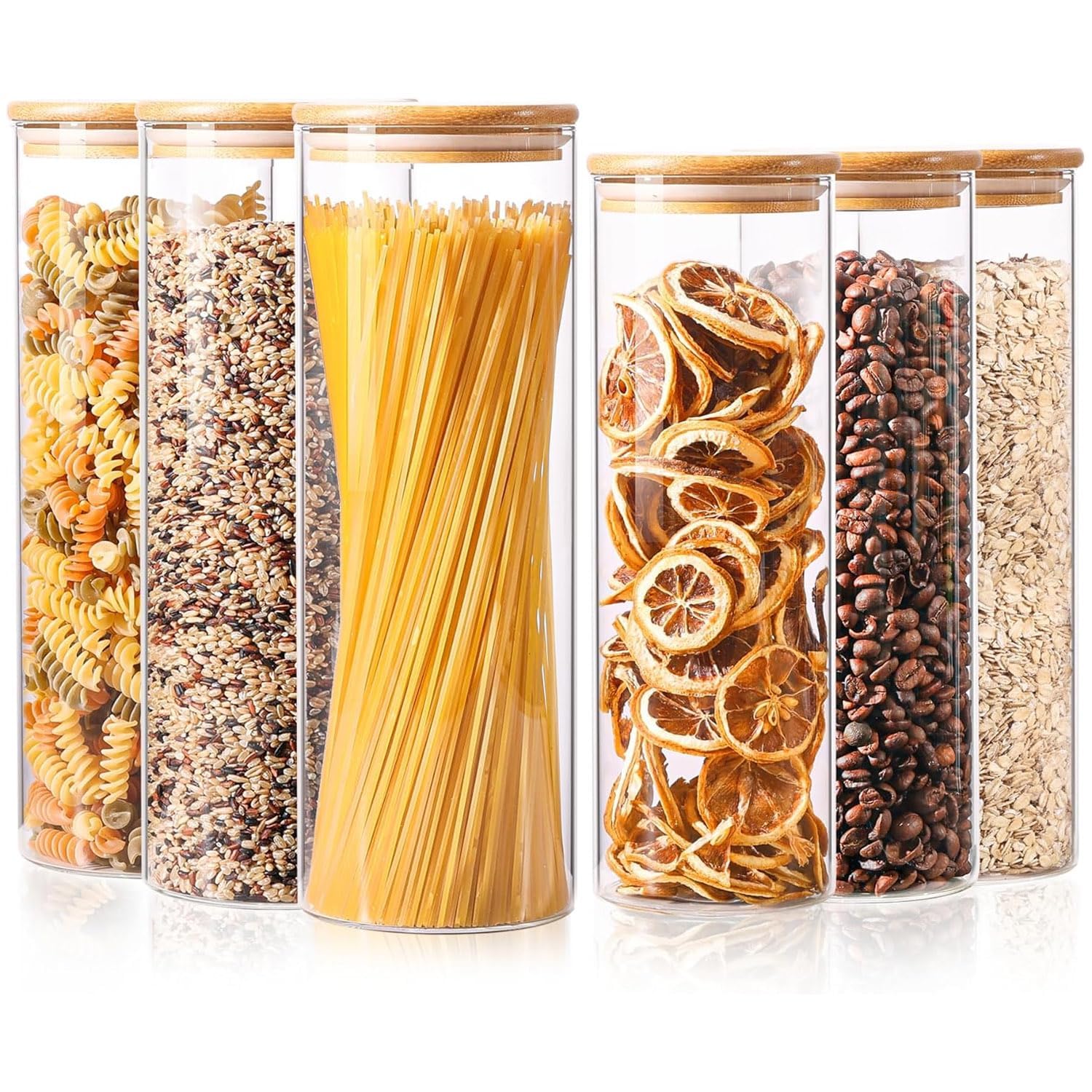 ComSaf Glass Food Storage Jars Set of 6, Tall Glass Storage Containers with Lids, Spaghetti Jar, Canisters Set for the kitchen, Pasta, Flour, Nuts, Oat, Coffee and Sugar Container, Pantry Organization