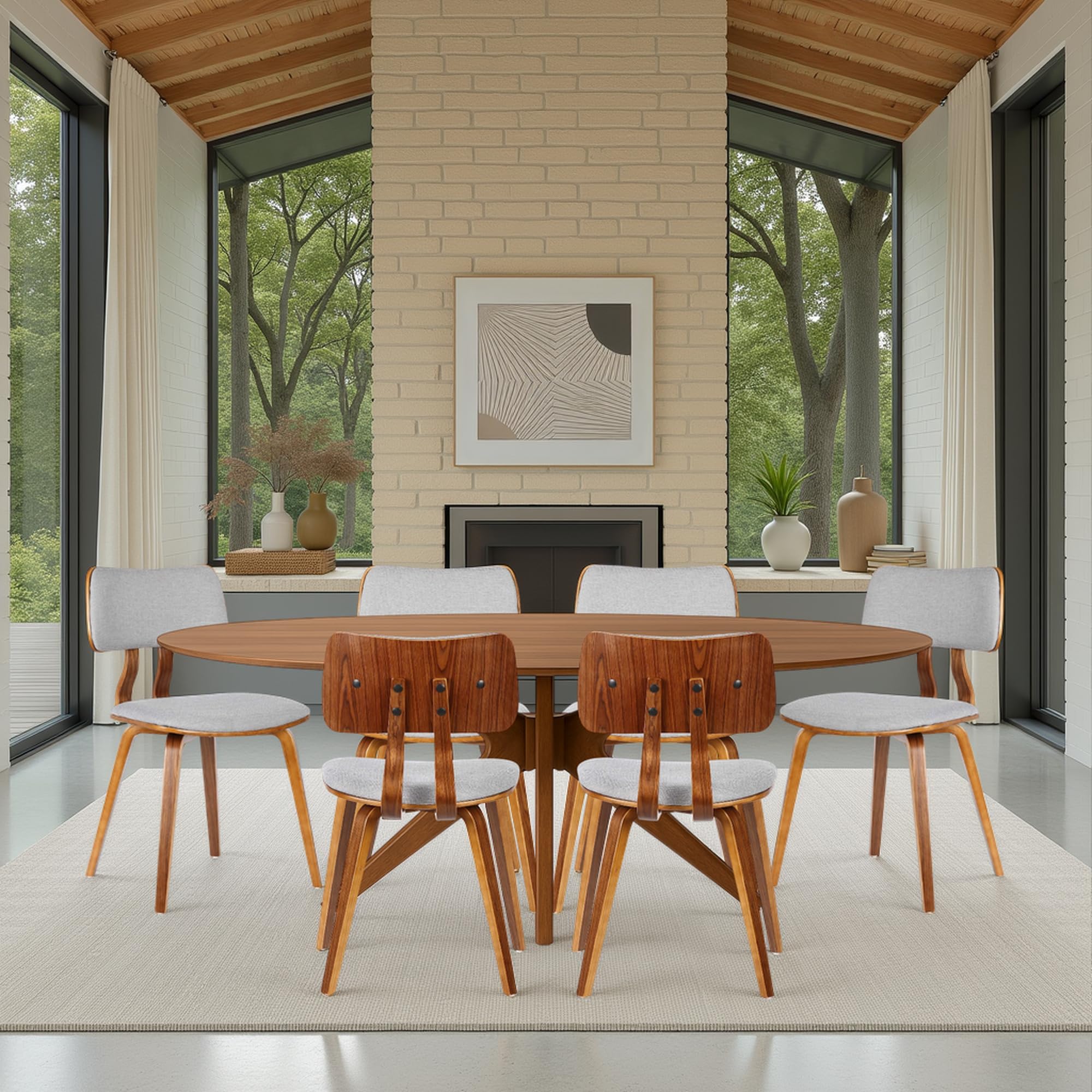 Armen Living Jaguar Mid-Century Dining Chair in Walnut Wood and Green Fabric