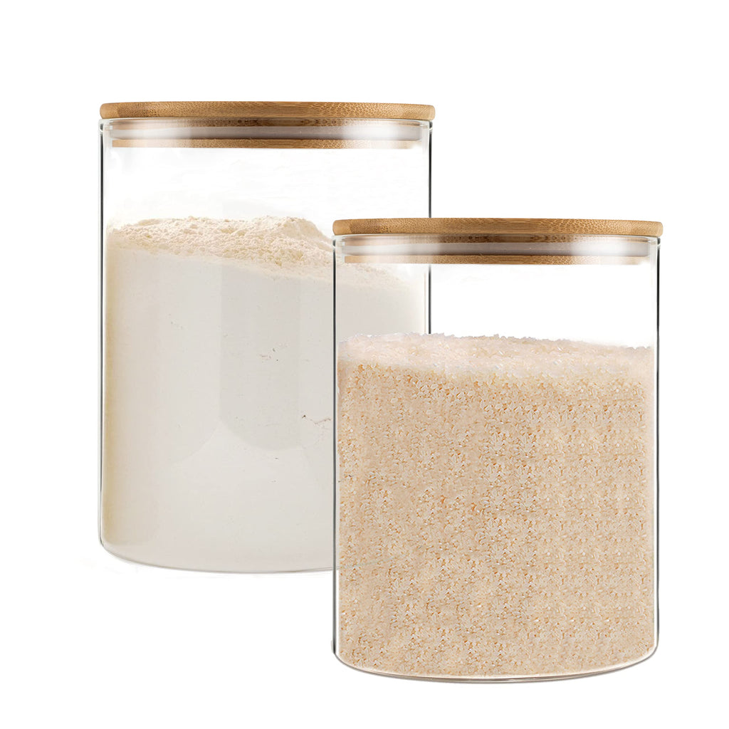 YUNCANG Glass Storage Jars 6 Pack 37oz Clear Glass Food Storage Containers with Airtight Bamboo Lid Stackable Kitchen Canisters for Candy,Cookie,Rice,Sugar,Flour,Pasta,Nuts and Spice Jars(Square)