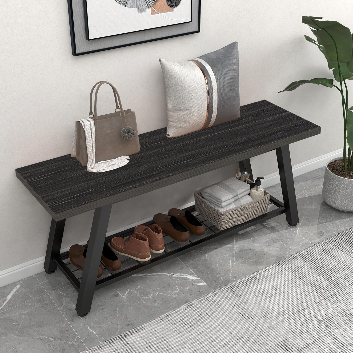Oastreeful Industrial Entryway Bench Rustic Wood and Metal Storage Bench for Indoor Living Dining Room Bedroom Long Shoe Benches Seat (White)