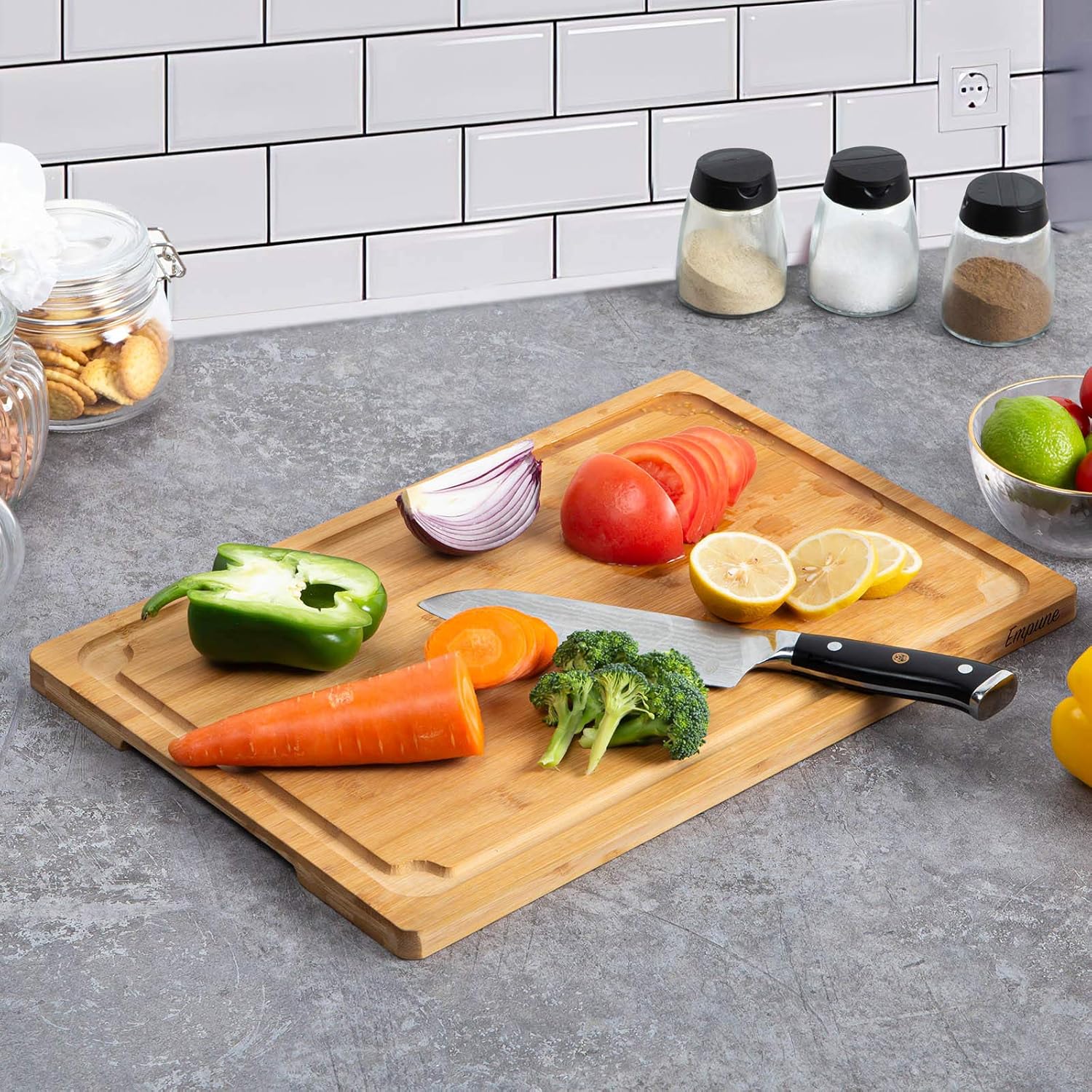 Extra Large Cutting Board, 17.6" Bamboo Cutting Boards for Kitchen with Juice Groove and Handles Kitchen Chopping Board for Meat Cheese board Heavy Duty Serving Tray, XL, Empune