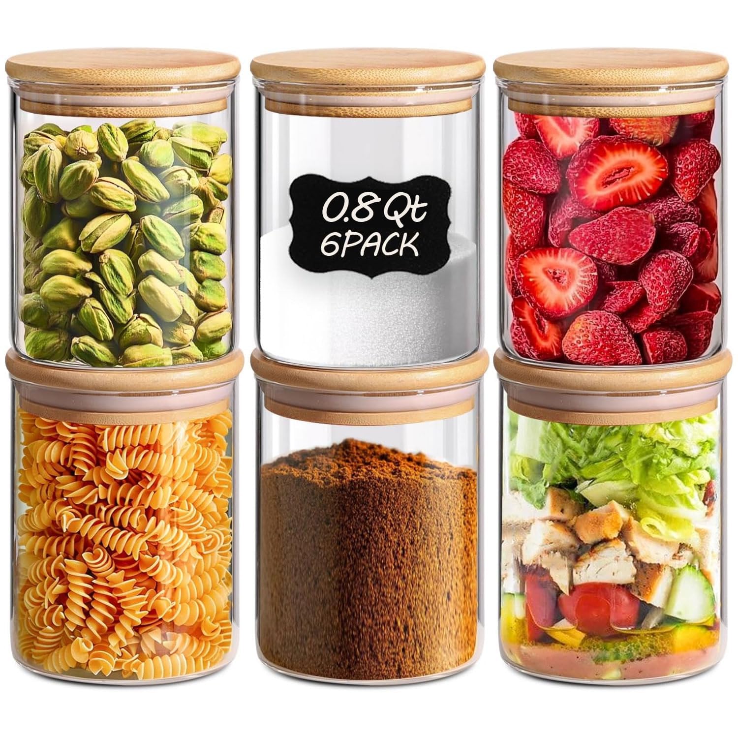 ComSaf Glass Food Storage Jars Set of 6, Tall Glass Storage Containers with Lids, Spaghetti Jar, Canisters Set for the kitchen, Pasta, Flour, Nuts, Oat, Coffee and Sugar Container, Pantry Organization