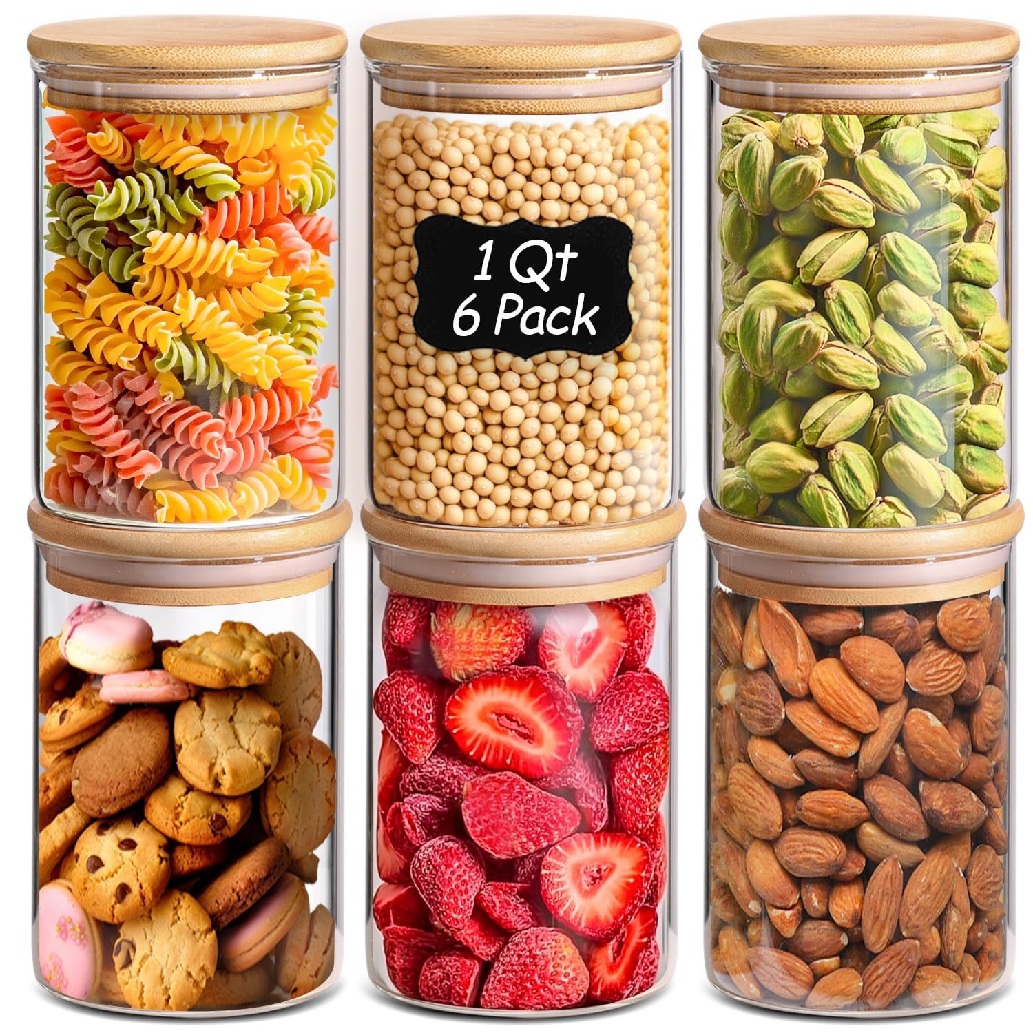 ComSaf Glass Food Storage Jars Set of 6, Tall Glass Storage Containers with Lids, Spaghetti Jar, Canisters Set for the kitchen, Pasta, Flour, Nuts, Oat, Coffee and Sugar Container, Pantry Organization