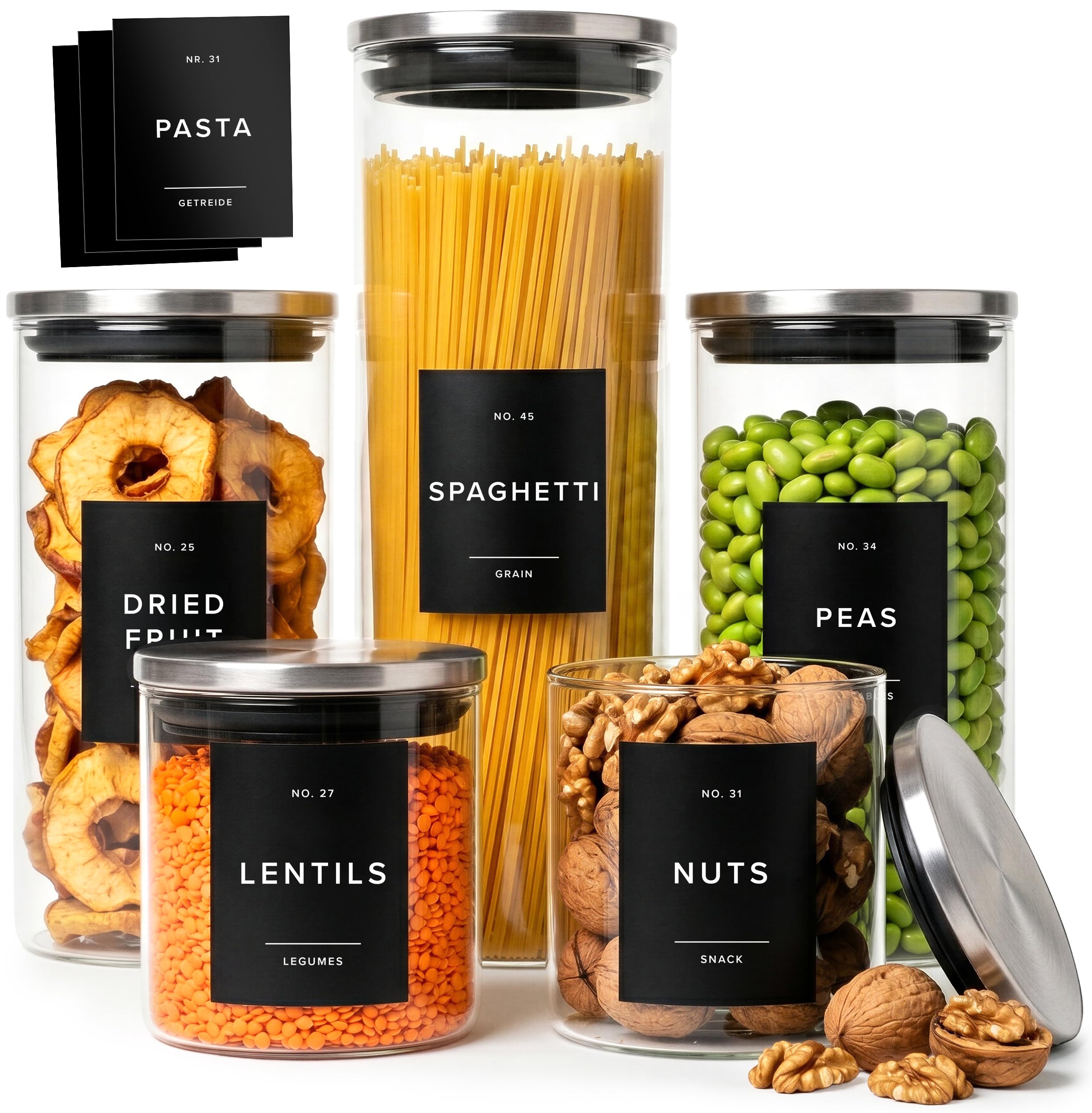 EDELHAUS Glass Storage Containers with Black Lids [Extra Thick Glas] with 54 Labels - Canister For Pantry Noodles Flour Cereal Rice Sugar Tea Coffee Beans - Round Set of 5x