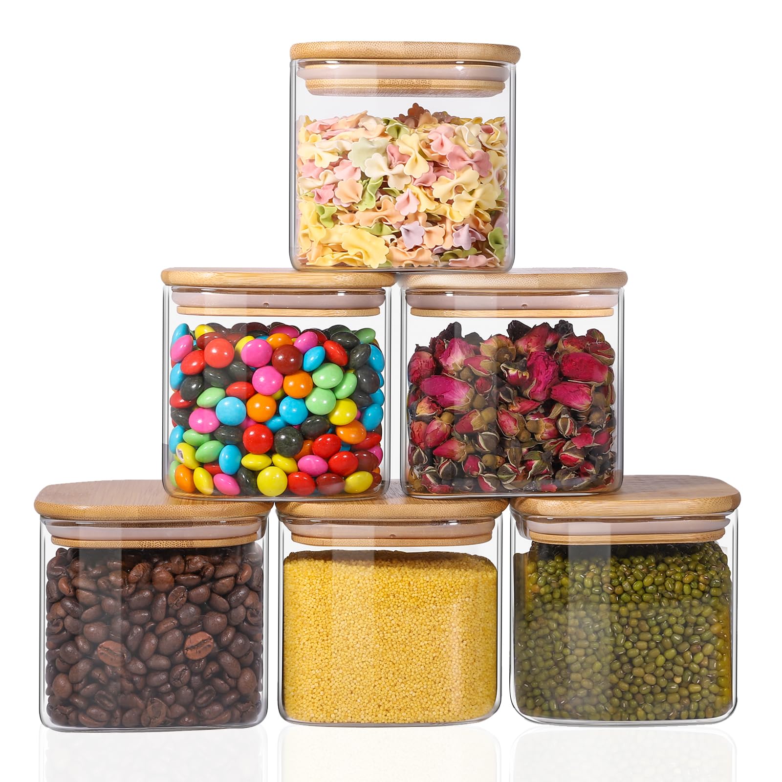 Glass Food Storage Jars 37 oz Set of 6,Glass Storage Containers Clear Glass Food Canister with Bamboo Lid Airtight For Serving Tea, Coffee, Flour, Sugar, Candy, Cookie, Spice and More (Square)