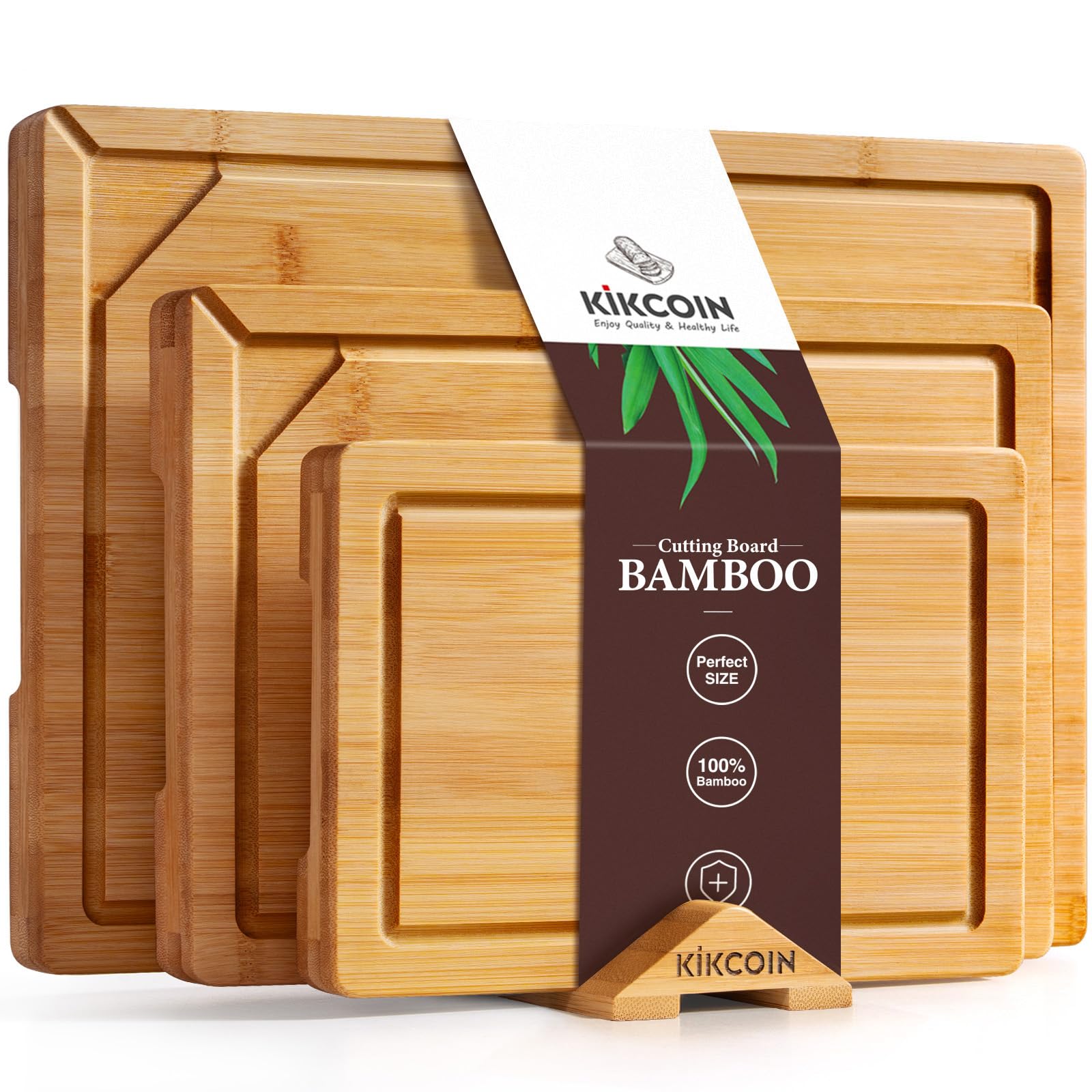 Kikcoin 17”×11” Bamboo Cutting Boards for Kitchen, Healthy Wooden Cutting Boards for Kitchen, Charcuterie, Vegetables, Cheese, Extra Large Chopping Boards with Deep Juice Groove and Handle, Natural
