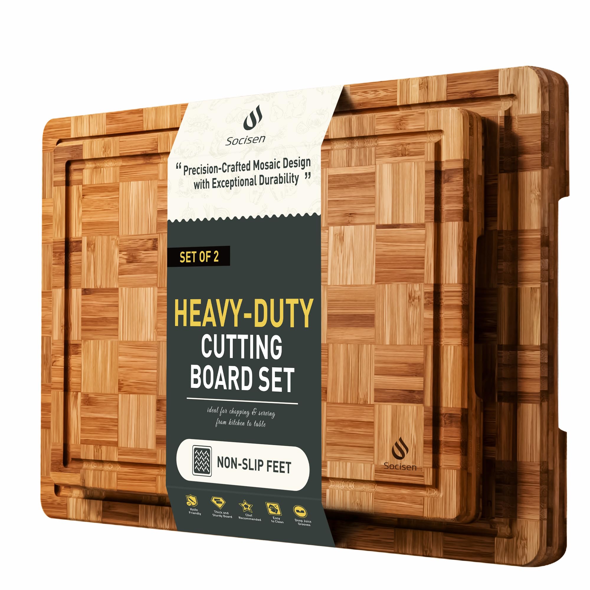 3 Pack Heavy Duty Bamboo Cutting Board Set Non Toxic Wooden Cutting Board for Kitchen Non Slip Solid End Grain Thick Wood Juice Groove Chopping Board Extra Large Butcher Block Best House Warming Gift