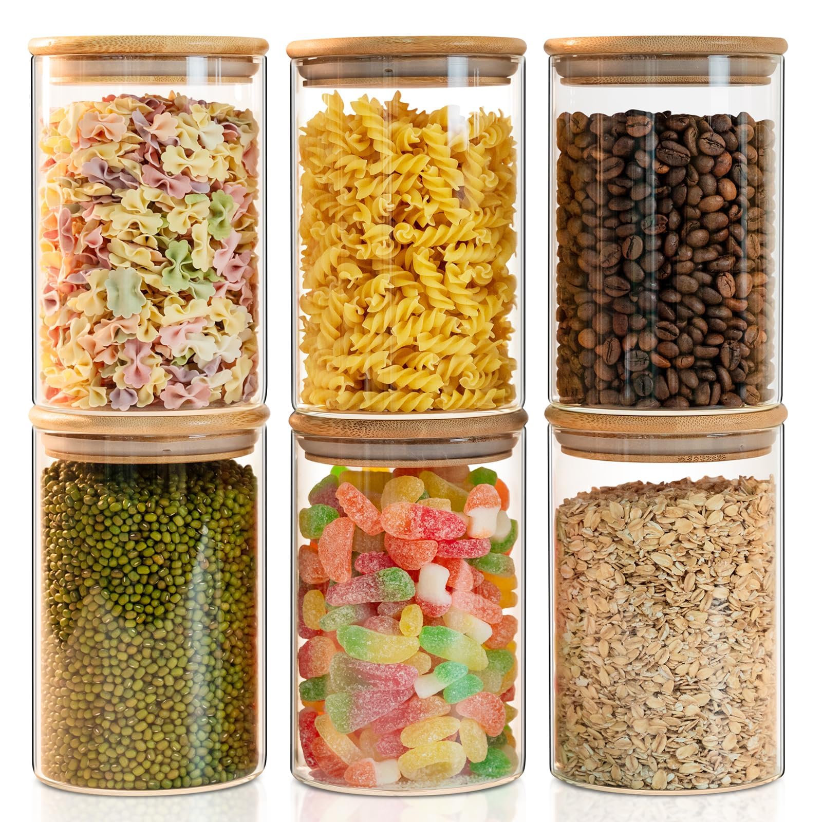 YUNCANG Glass Storage Jars 6 Pack 37oz Clear Glass Food Storage Containers with Airtight Bamboo Lid Stackable Kitchen Canisters for Candy,Cookie,Rice,Sugar,Flour,Pasta,Nuts and Spice Jars(Square)