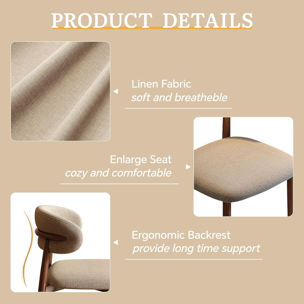 Dining Chairs Set of 2 for Kitchen Dining Table Mid Century Modern Farmhouse Upholstered Linen Dining Room Chairs with Metal Legs, Walnut Khaki