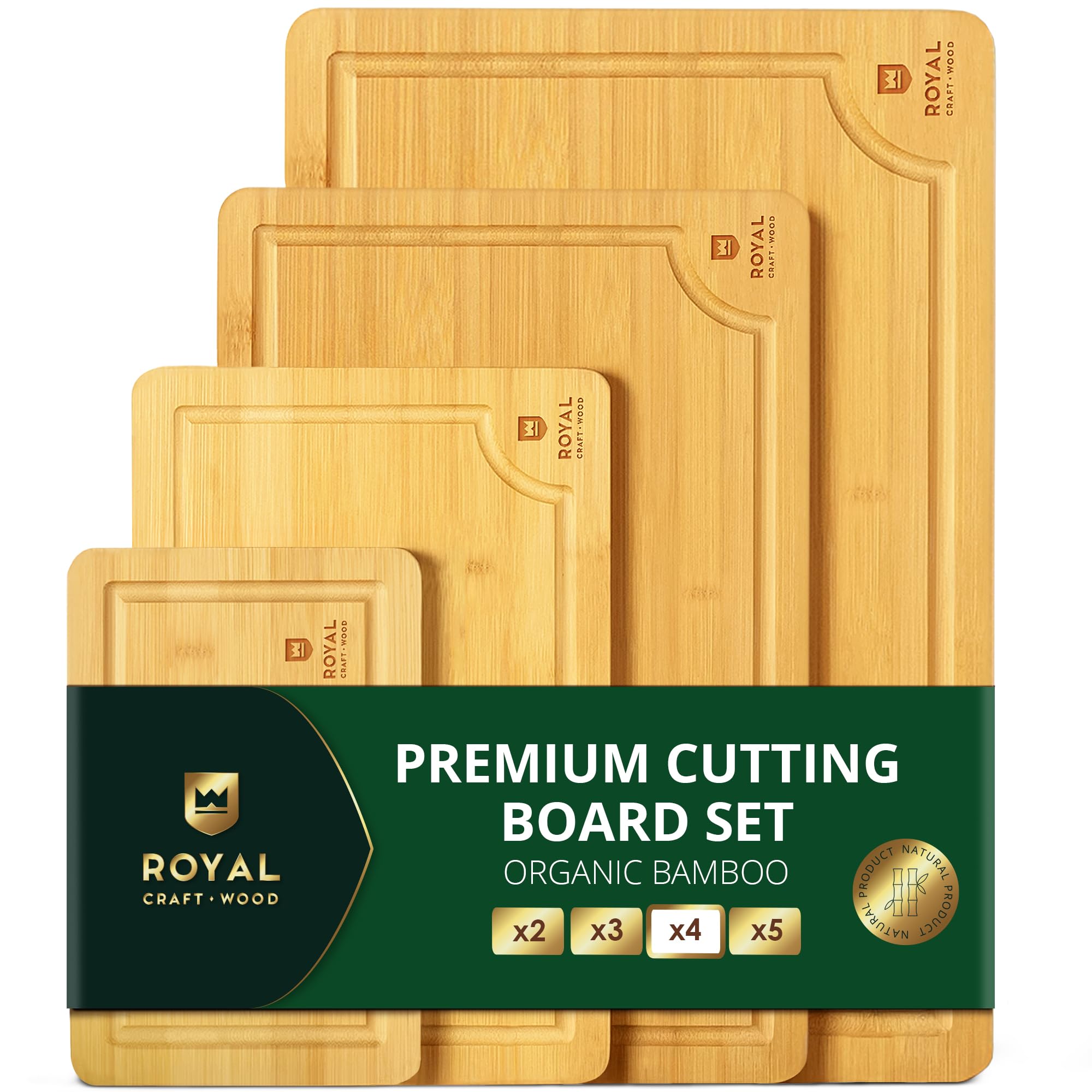 ROYAL CRAFT WOOD Wooden Cutting Boards for Kitchen Meal Prep & Serving - Bamboo Wood Serving Board Set with Deep Juice Groove Side Handles - Charcuterie & Chopping Butcher Block for Meat