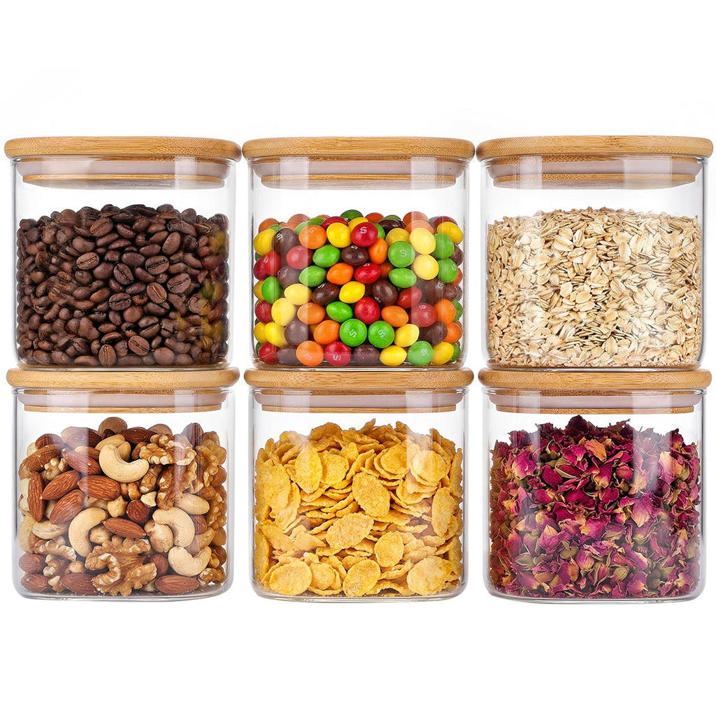 Moretoes 6 Pack 0.6qt Glass Storage Containers with Bamboo Lids, Airtight Food Storage Jars for Pantry, Dry Goods, Flour, Sugar