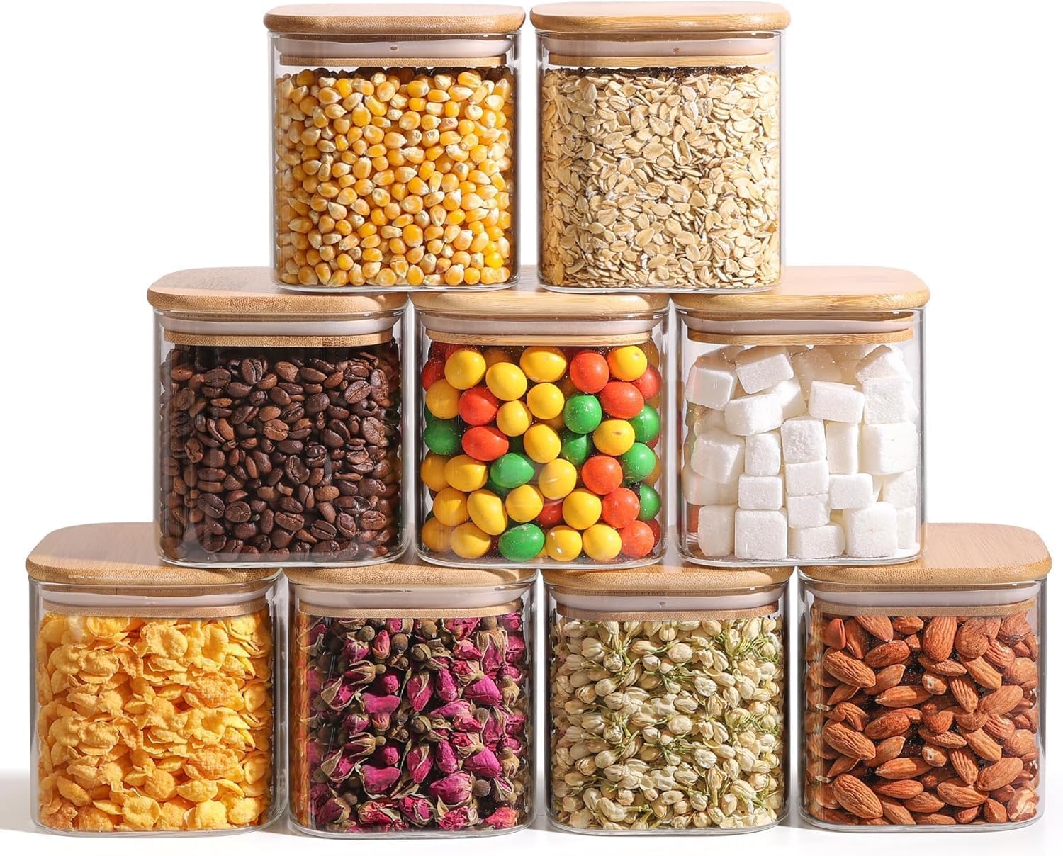 ComSaf 1.2 Qt Glass Storage Containers with Lids, Glass Jars with Lids, Clear Food Storage Jar, Square Canister Set of 9, Pantry Organizers and Storage for Cookie Flour Oat Pasta Tea Coffee Bean