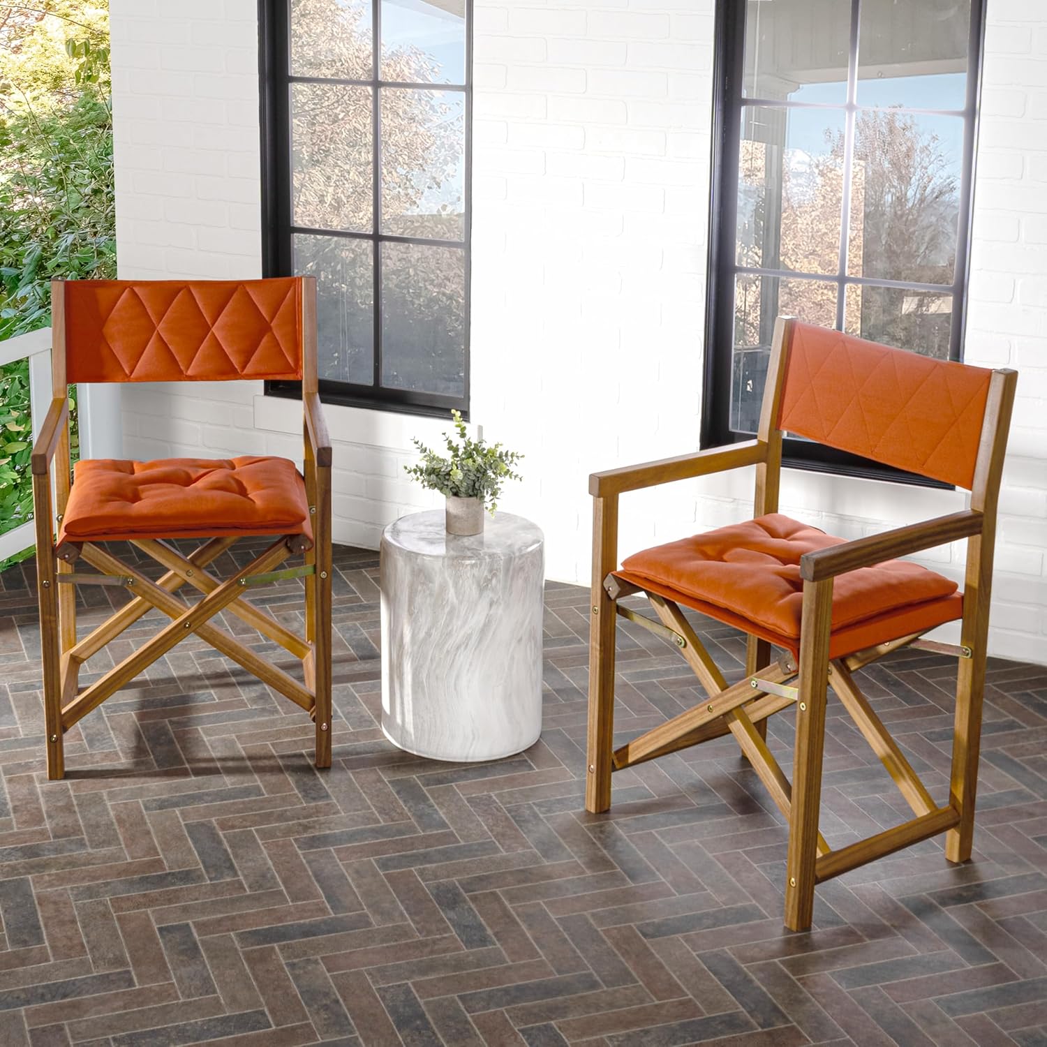 JONATHAN Y DRC1002B-SET2 Waldo Classic Mid-Century Outdoor Acacia Wood Foldable Diamond-Quilted Back Director Chair with Cushion Modern, Vintage, Bohemian, Coastal, Orange/Teak Brown (Set of 2)