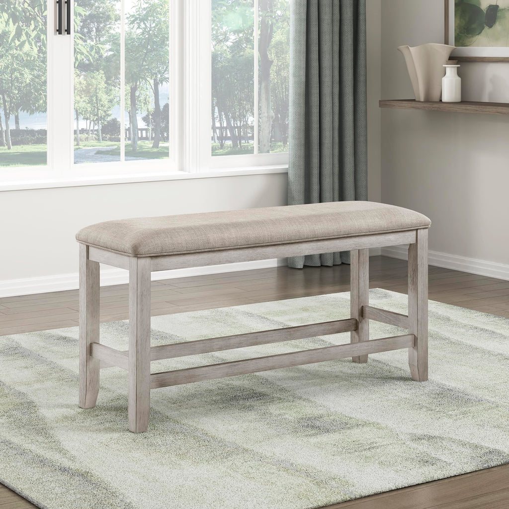 Lexicon Dining Bench with Padded Seat and Wooden Frame, Entryway Bench, Light Gray Textured Fabric Upholstered Dining Seat for Kitchen/Living Room, 19.5" SH, Brushed Antique White