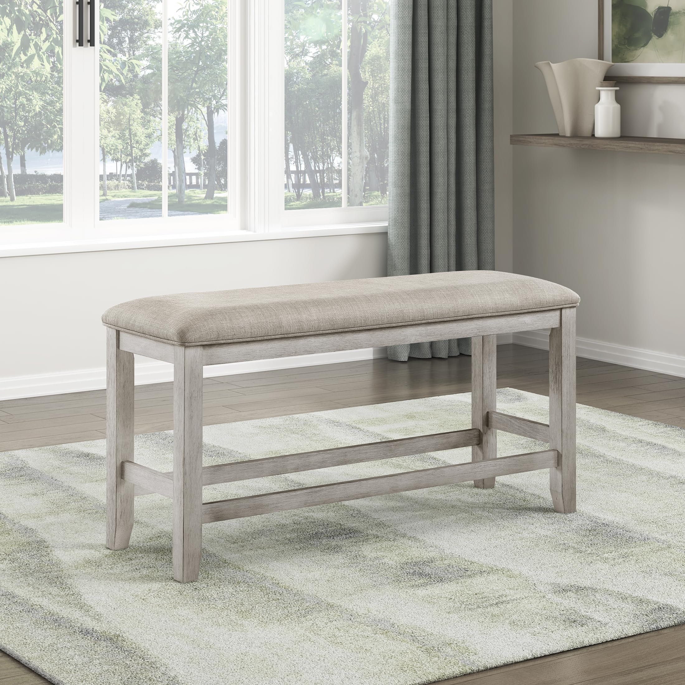 Lexicon Dining Bench with Padded Seat and Wooden Frame, Entryway Bench, Light Gray Textured Fabric Upholstered Dining Seat for Kitchen/Living Room, 19.5" SH, Brushed Antique White