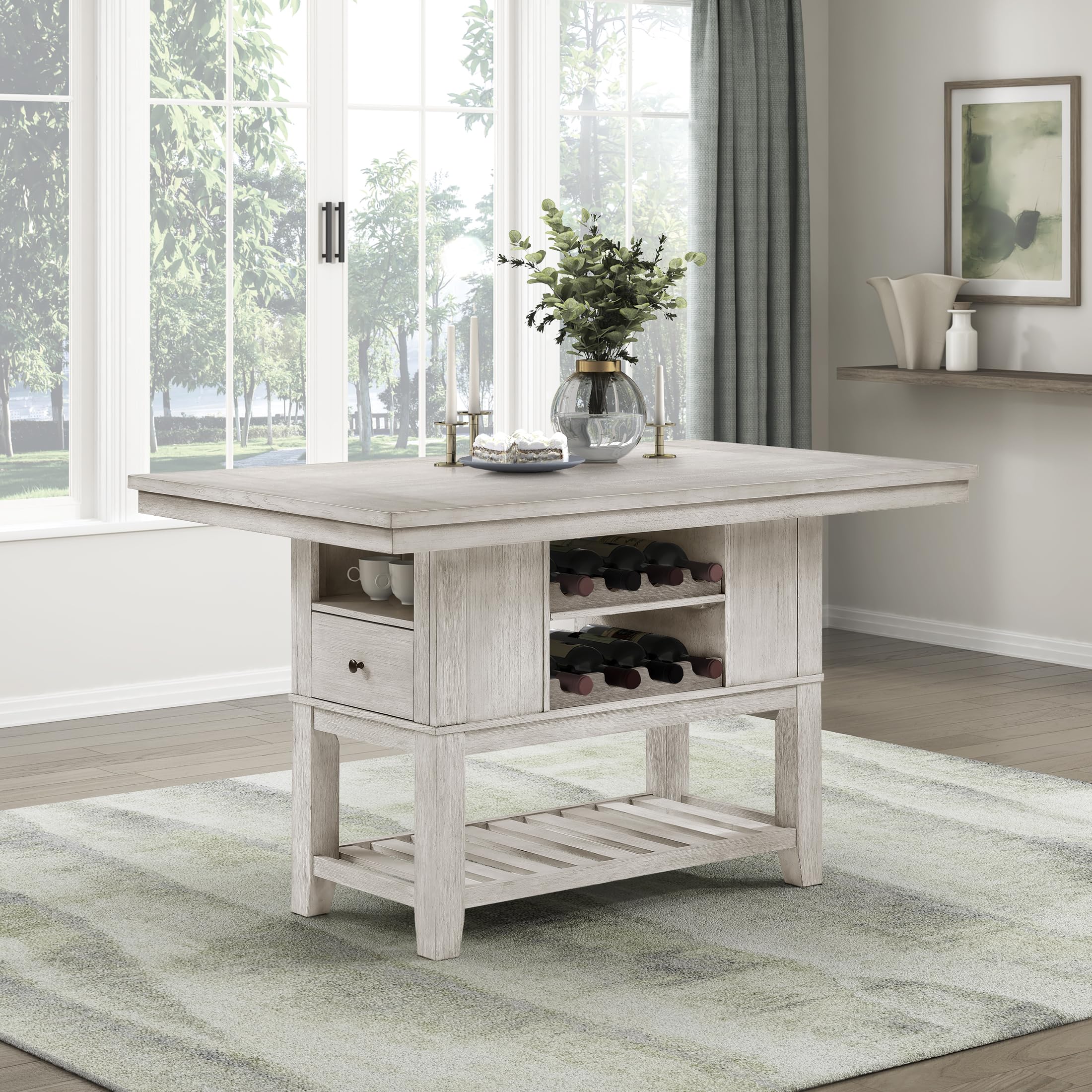 Lexicon Dining Bench with Padded Seat and Wooden Frame, Entryway Bench, Light Gray Textured Fabric Upholstered Dining Seat for Kitchen/Living Room, 19.5" SH, Brushed Antique White