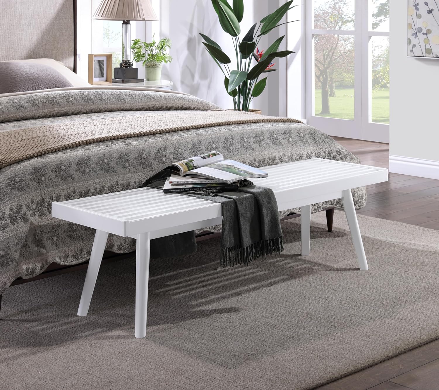 Roundhill Furniture Larwich Solid Wood Slatted Bench, 56.30-Inch Long, White