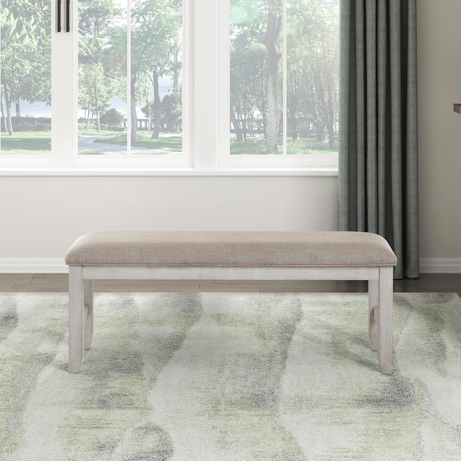 Lexicon Dining Bench with Padded Seat and Wooden Frame, Entryway Bench, Light Gray Textured Fabric Upholstered Dining Seat for Kitchen/Living Room, 19.5" SH, Brushed Antique White