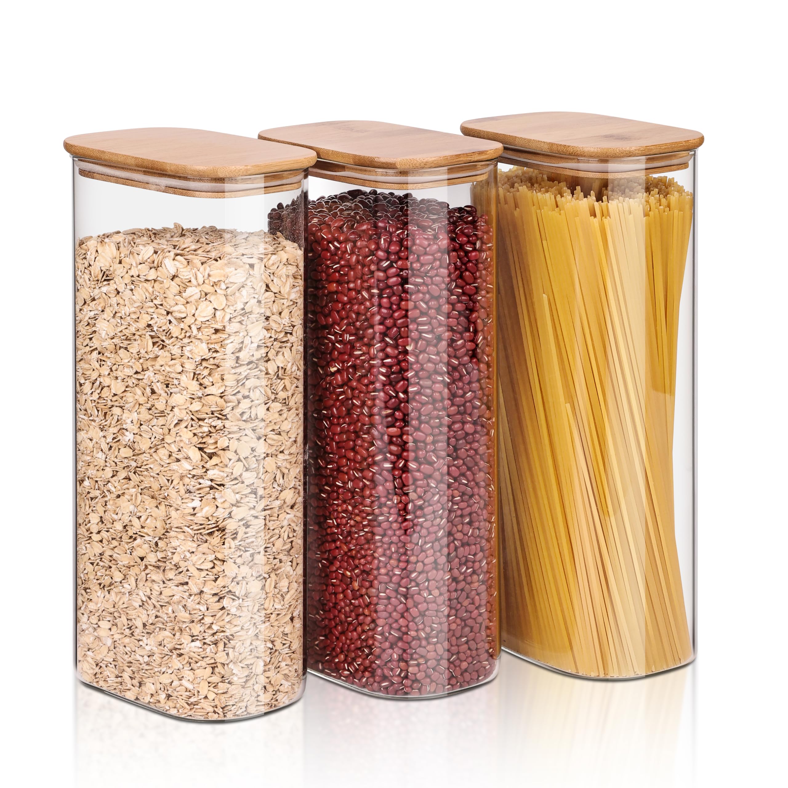 Glass Food Storage Jars 37 oz Set of 6,Glass Storage Containers Clear Glass Food Canister with Bamboo Lid Airtight For Serving Tea, Coffee, Flour, Sugar, Candy, Cookie, Spice and More (Square)