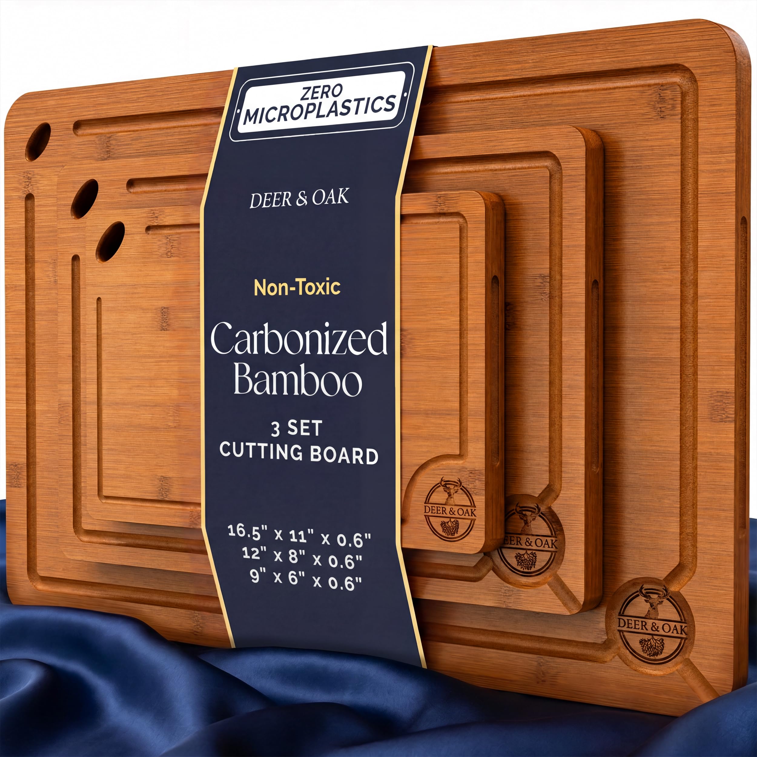 Pre-Oiled, Non Toxic 3-Piece Carbonized Bamboo Cutting Board Set, Eco-Friendly Wooden Chopping Boards for Kitchen with Hanging Hole, 500°F Carbonized Technology Charcuterie Serving Boards Deer & Oak
