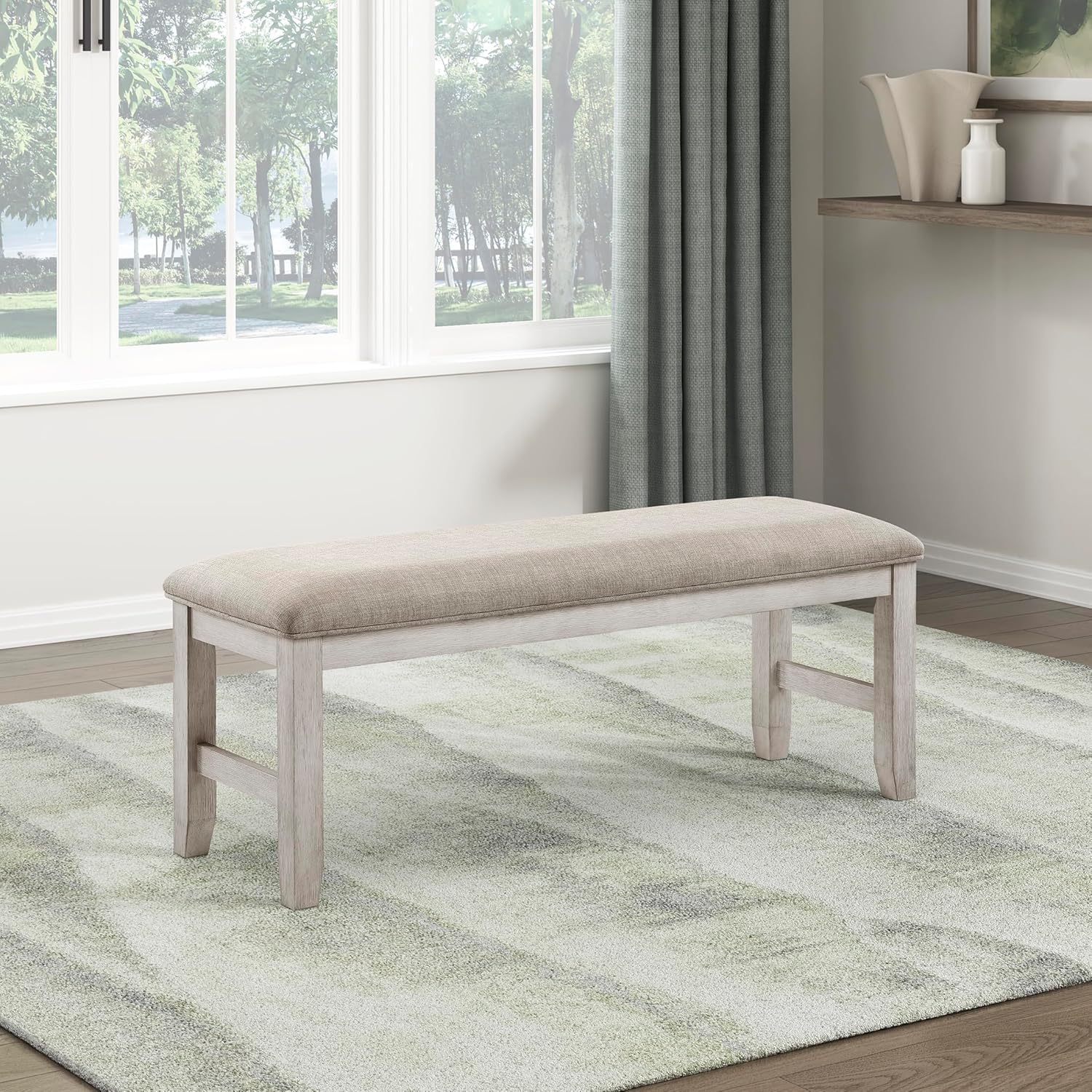 Lexicon Dining Bench with Padded Seat and Wooden Frame, Entryway Bench, Light Gray Textured Fabric Upholstered Dining Seat for Kitchen/Living Room, 19.5" SH, Brushed Antique White
