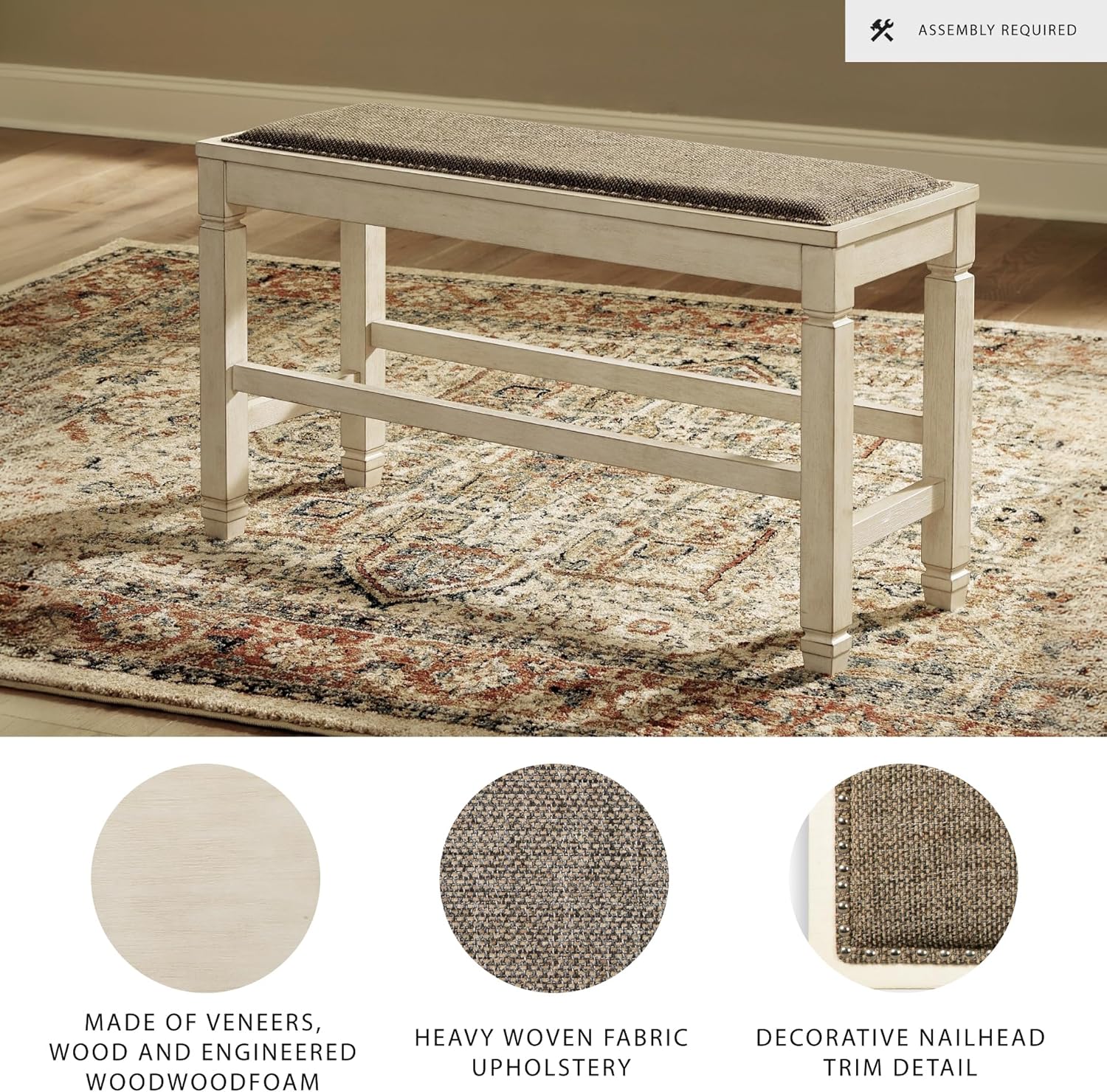 Signature Design by Ashley Bolanburg Double Upholstered Bench, Counter Height, Whitewash