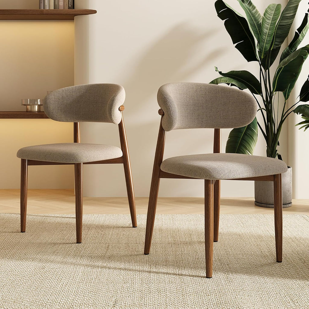 Dining Chairs Set of 2 for Kitchen Dining Table Mid Century Modern Farmhouse Upholstered Linen Dining Room Chairs with Metal Legs, Walnut Khaki