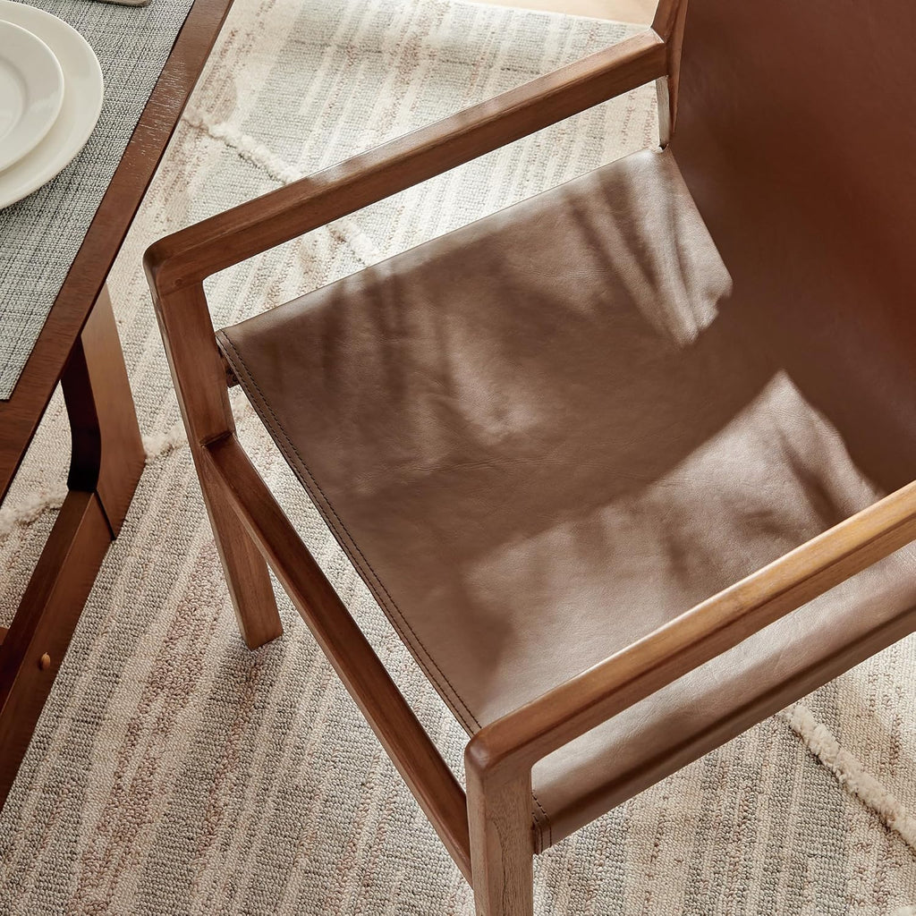 Modway Sonora Leather Chair in Nutmeg Brown – Mid Century Modern Accent Chair, Leather Dining Room with Teak Wood Frame for Living Room, Office, or Lounge Area