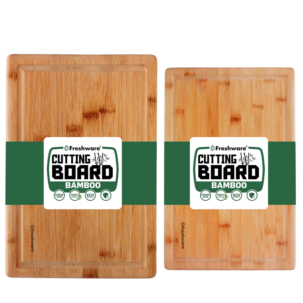 Freshware Wood Cutting Boards for Kitchen - Bamboo Cutting Board Set of 3, Cutting Boards with Juice Grooves, Serving Board Set, Chopping Board for Meat, Veggie, Easy Grip Handle (9x6", 12x8", 15x10")