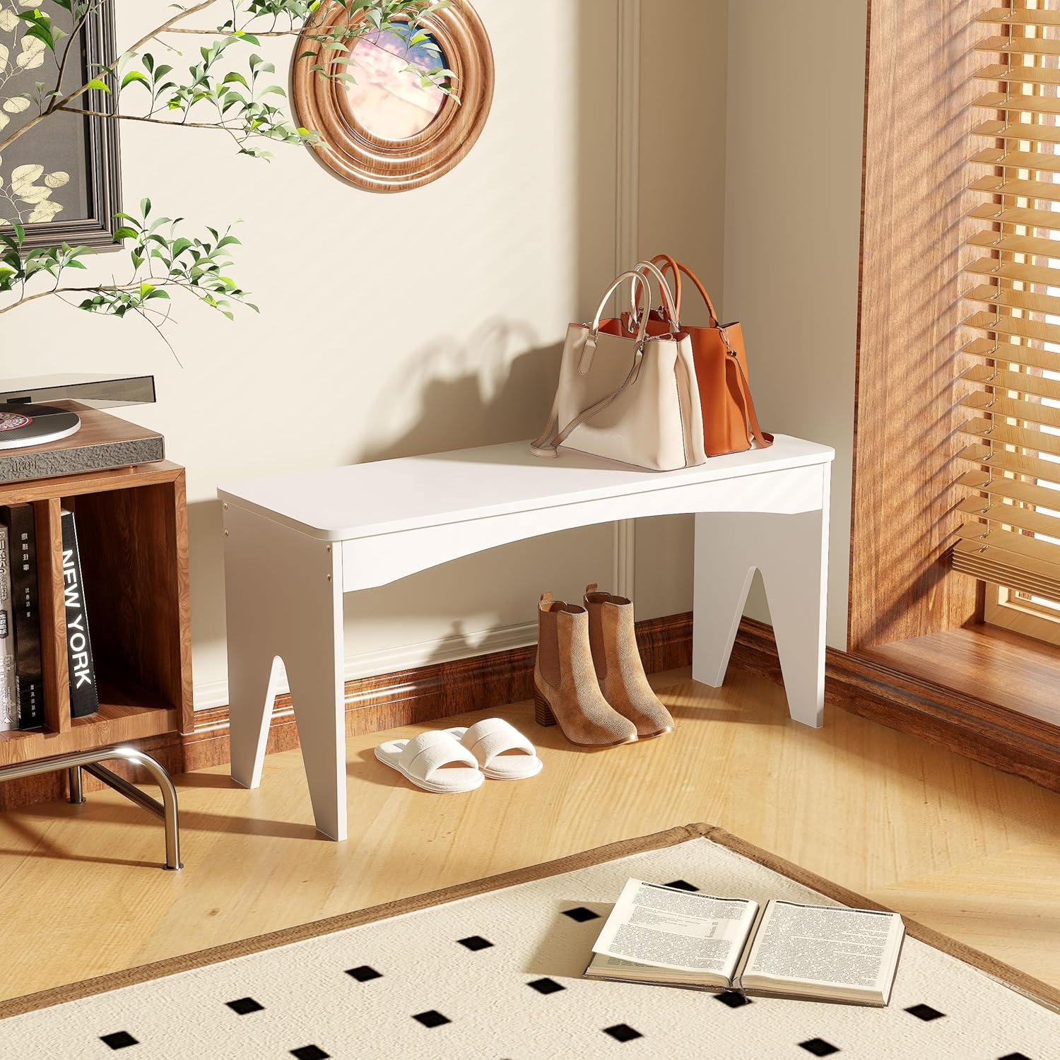 APRTAT Bamboo 35.4" Dining Room Bench, Modern Farmhouse Kitchen Table Bench, Long Indoor Bench Seat for Entryway, Living Room, Bedroom, Hallway - White