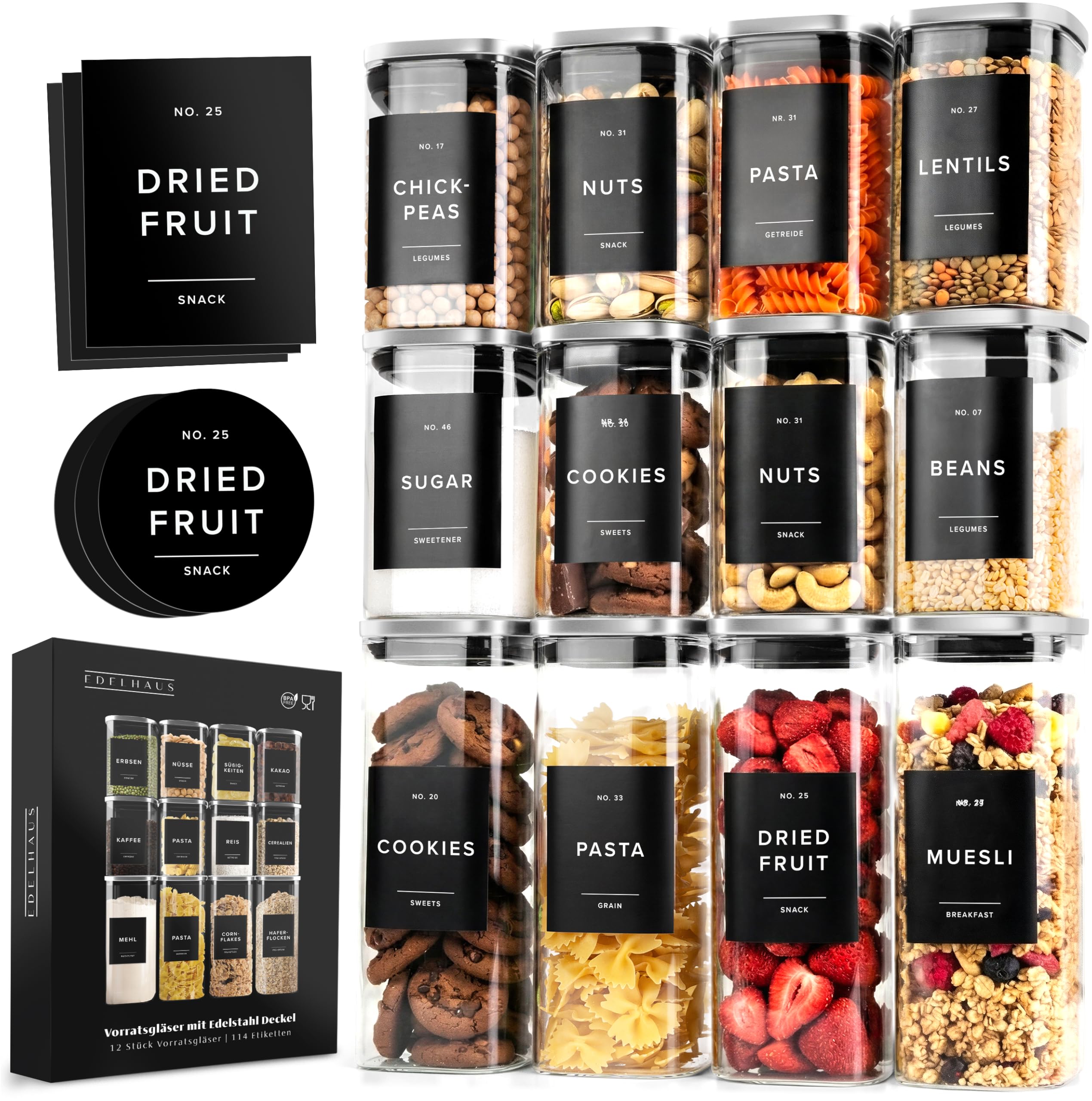 EDELHAUS Square Glass Storage Containers with Bamboo Lids 12-Pack (4x 30 oz, 8x 17 oz) Airtight Glass Storage Jars with Lids for Food, Stackable Glass Kitchen Canisters with 114 Labels for Pantry