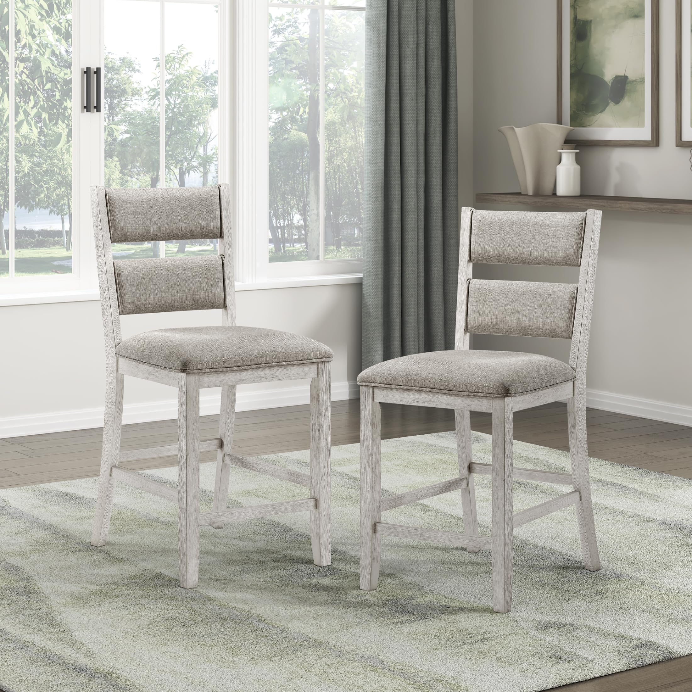Lexicon Dining Bench with Padded Seat and Wooden Frame, Entryway Bench, Light Gray Textured Fabric Upholstered Dining Seat for Kitchen/Living Room, 19.5" SH, Brushed Antique White