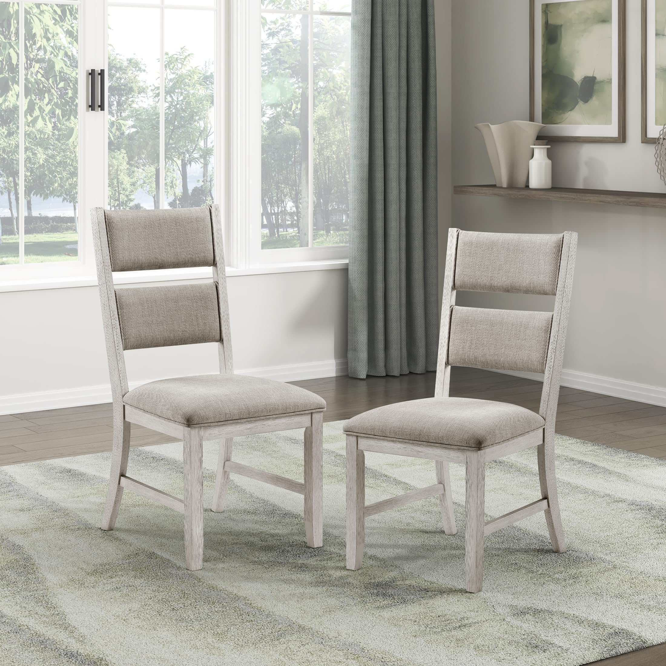 Lexicon Dining Bench with Padded Seat and Wooden Frame, Entryway Bench, Light Gray Textured Fabric Upholstered Dining Seat for Kitchen/Living Room, 19.5" SH, Brushed Antique White