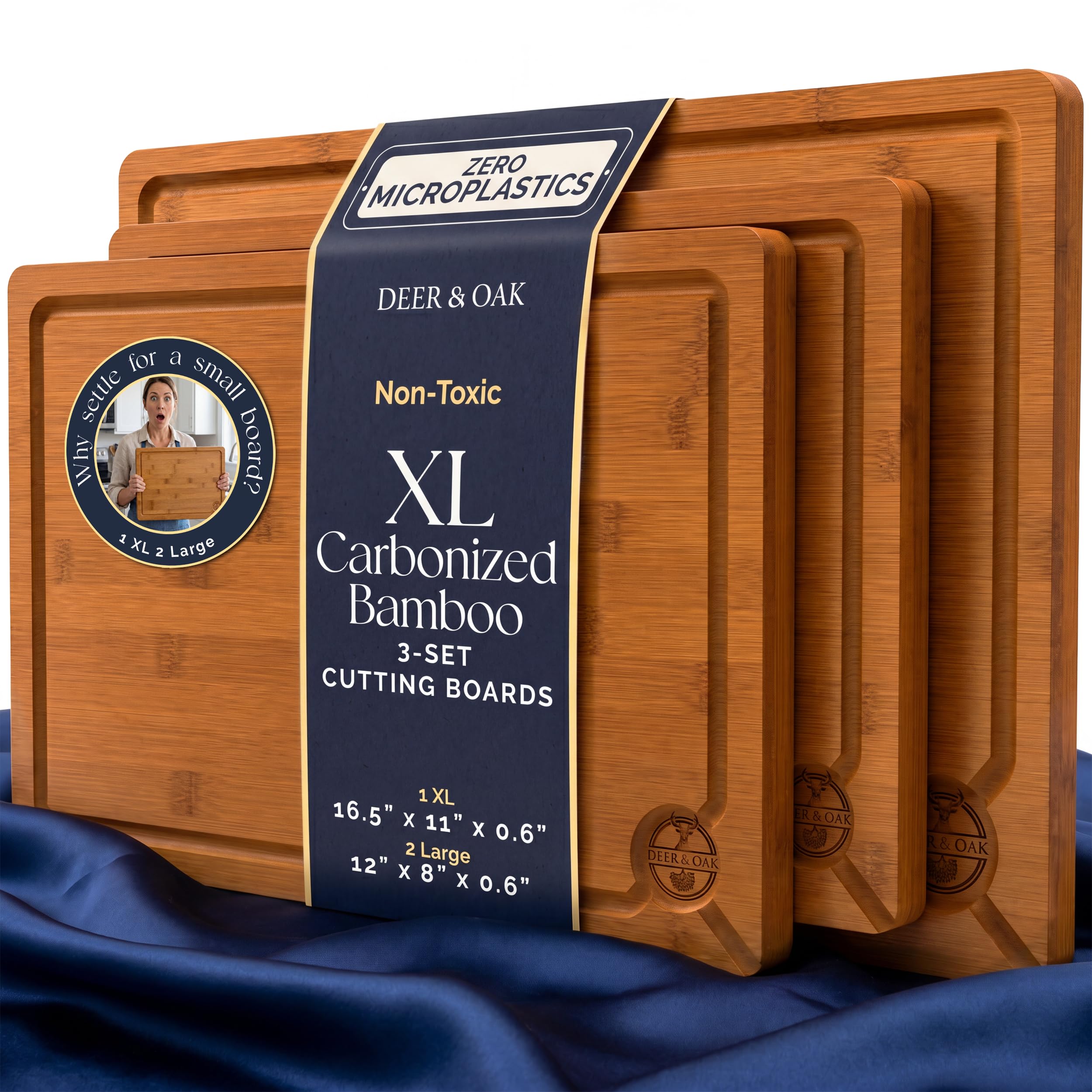 Pre-Oiled, Non Toxic 3-Piece Carbonized Bamboo Cutting Board Set, Eco-Friendly Wooden Chopping Boards for Kitchen with Hanging Hole, 500°F Carbonized Technology Charcuterie Serving Boards Deer & Oak