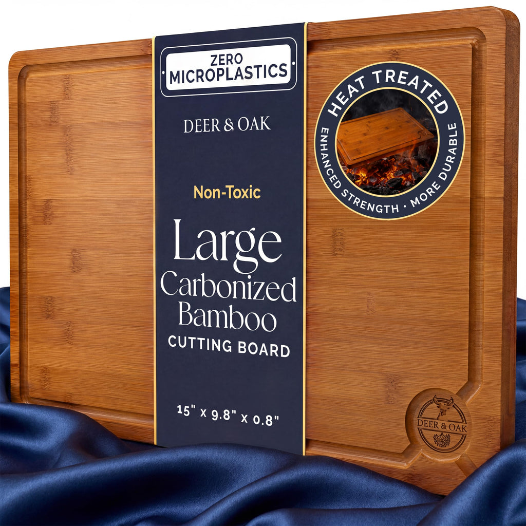 Pre-Oiled, Non Toxic 3-Piece Carbonized Bamboo Cutting Board Set, Eco-Friendly Wooden Chopping Boards for Kitchen with Hanging Hole, 500°F Carbonized Technology Charcuterie Serving Boards Deer & Oak